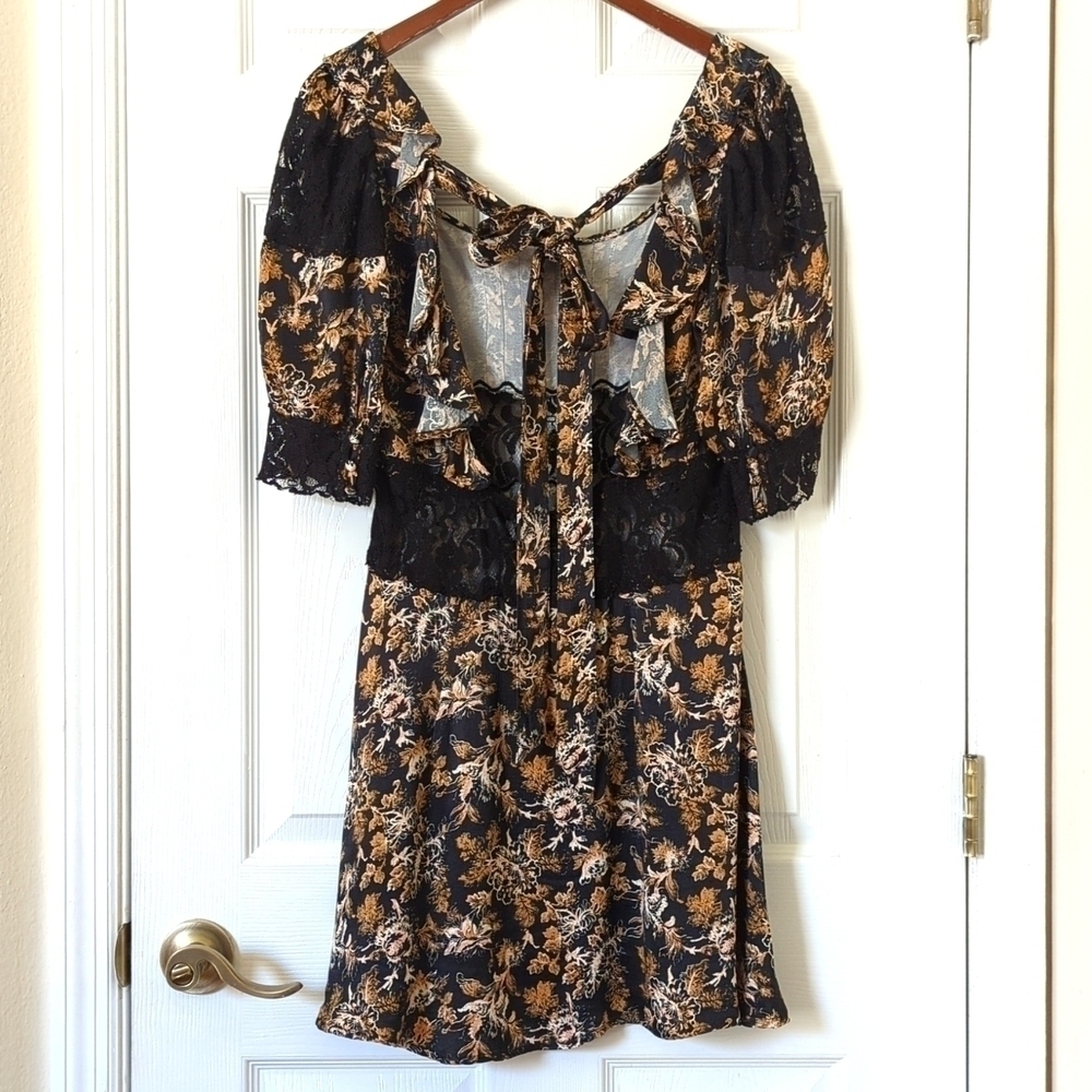 Free People Lucie Floral Scoop Neck Tied Open Back A-Line Mini Dress Black 6 - Picture 11 of 16